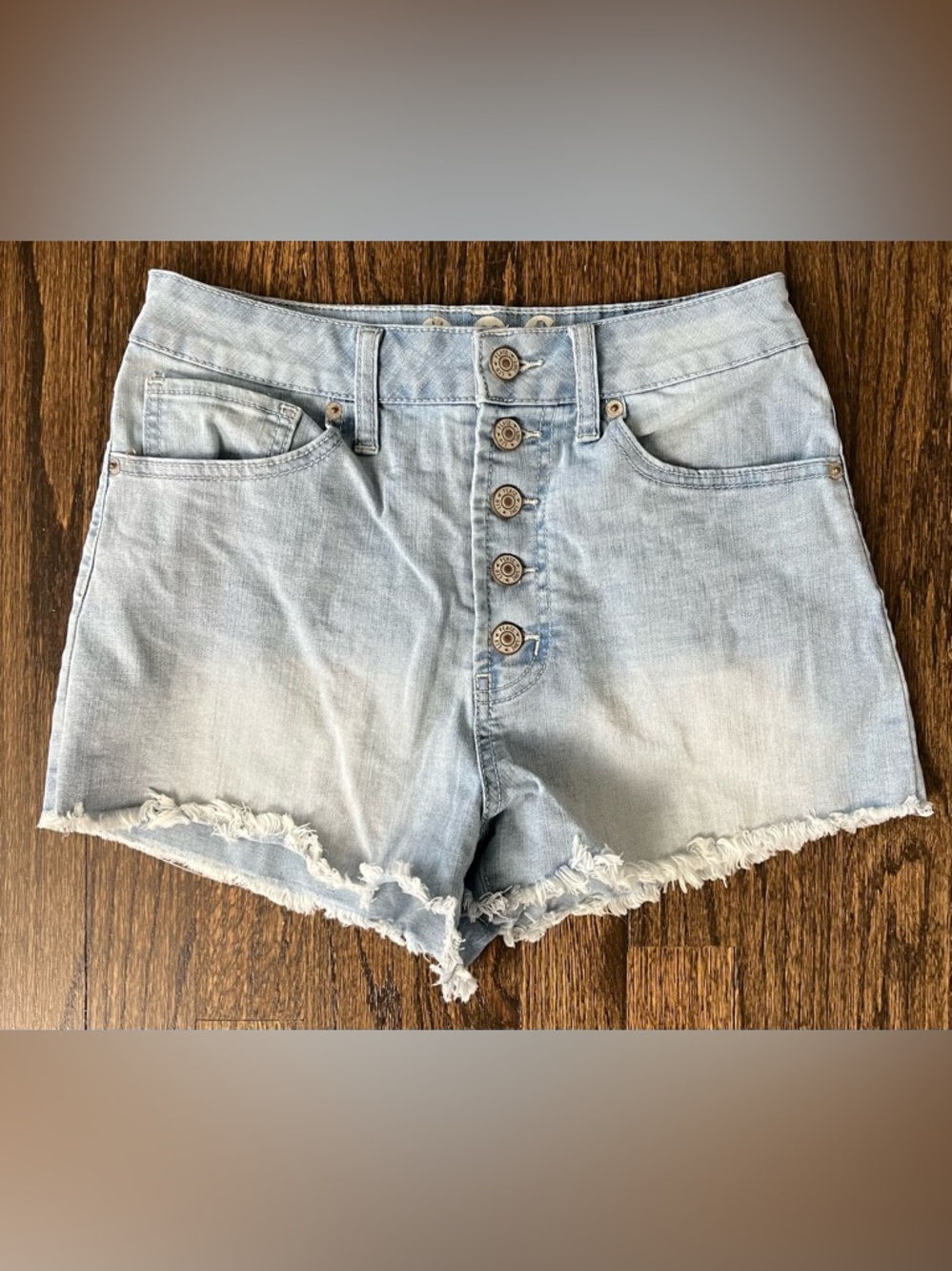 Button-Front Light Blue Denim Shorts with Frayed Hem